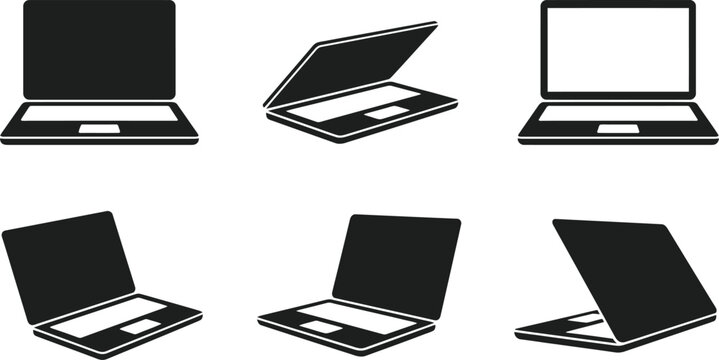 Six different laptop computer icons in black and white