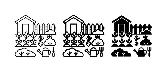 Naklejka premium Garden Icons Set: Vegetable Patch, Shed, Fence, Watering Can, Tools