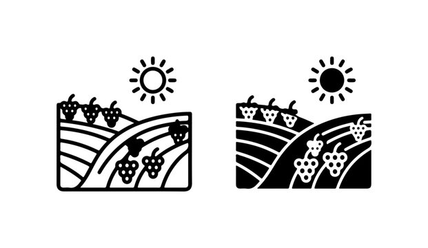 Vineyard Landscape Icons, Rural Agriculture Scene, Organic Farming Icons