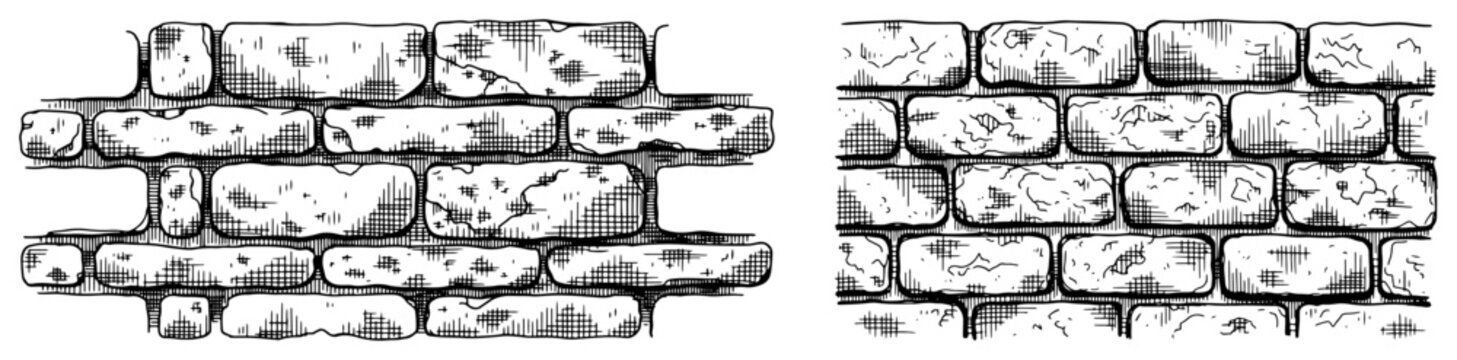 Set of distressed brick wall fragments, weathered masonry segments, vintage hand drawn engraving style vector illustration