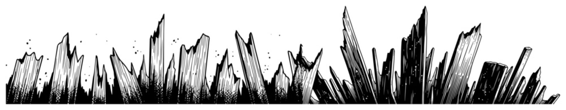 Jagged shards and broken splinters border, sharp debris composition, vintage hand drawn engraving style vector illustration