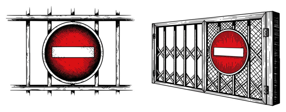 No entry signs on iron gates and bars, restricted area and security access control, vintage hand drawn engraving style vector with red