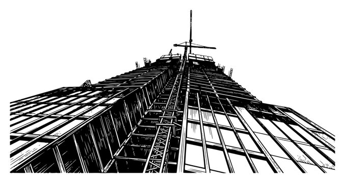 Skyscraper building under construction with crane at top, low angle perspective, vintage hand drawn engraving style vector illustration