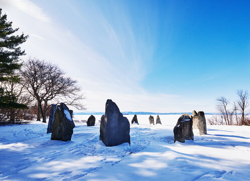 The "Stonehenge" replica (designed to mimic ancient standing stones,) in Burlington, Vermont, near Oakledge Park on the shore of Lake Champlain.