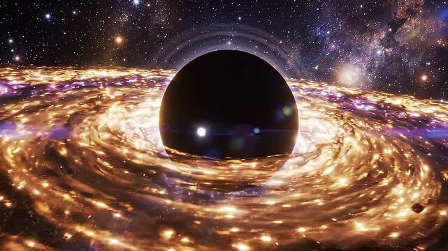 Supermassive Black Hole with Glowing Accretion Disk Spinning in Deep Space, Slow Zoom In 3D CGI Animation