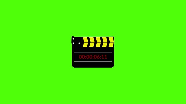 A yellow striped clapper board on green, suitable for film production openers, media intros, and animated cinema motion graphic elements.