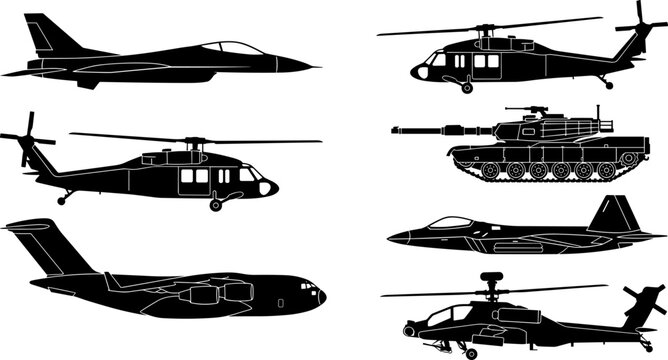 Military Aircraft, Helicopter and Armored Vehicle Silhouette Collection Featuring Modern Defense Aviation and Ground Combat Systems
