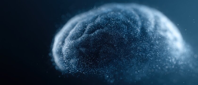 massive AI brain formed from billions of floating particles, deep blue digital space, cinematic technology background