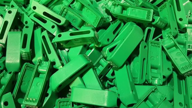 Industrial video of green plastic components moving on factory conveyor belt. Abstract background of manufactured polymer molding details and engineering items.