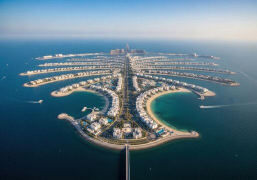 Aerial view of the palm jumeirah island in dubai, united arab emirates, featuring luxury villas, hotels, and turquoise sea water at sunset