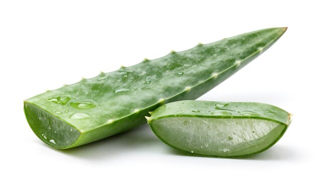 Freshly Cut Aloe Vera Leaf with Glistening Gel and Water Droplets - Close-Up