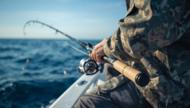 Man fishing on boat in ocean with rod