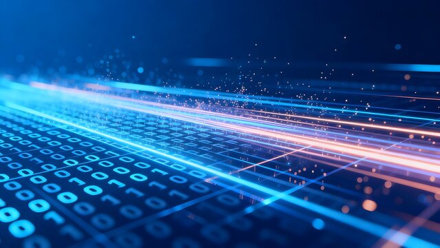 Digital binary code with glowing light beams