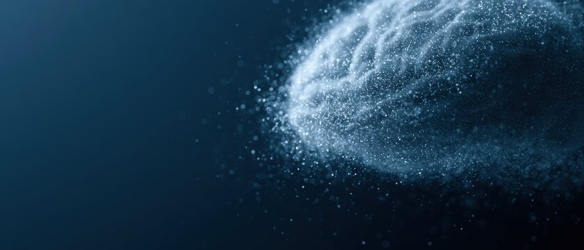massive AI brain formed from billions of floating particles, deep blue digital space, cinematic technology background