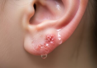Fototapeta premium Closeup of an infected earlobe with weeping sores and inflammation
