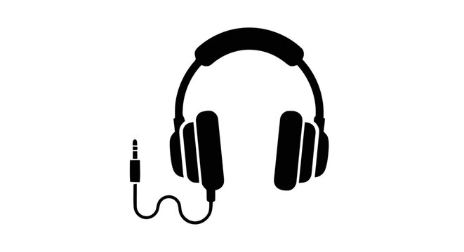 Vector illustration of black silhouette of headphones with audio jack on a transparent background