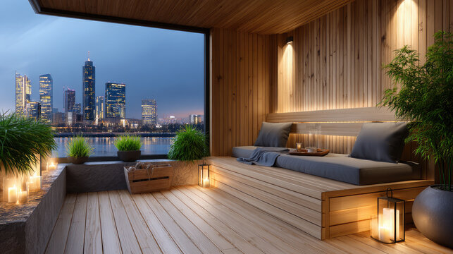 Modern outdoor balcony sauna at dusk with glowing candles, warm wood and stone, plants, and a sweeping cityscape view for an elegant, private urban wellness escape
