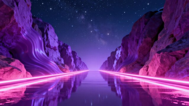 Neonlit canyon with starry sky