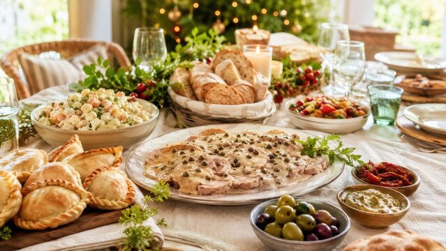 Argentinisches Weihnachtsbuffet mit Vitel Ton&eacute; und Empanadas &ndash; Festlich gedeckter Tisch mit kalten Spezialit&auml;ten, Ensalada Rusa, Oliven und Brot.