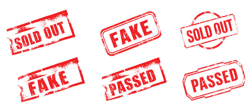 Red sold out, fake, and passed rubber stamp illustrations set.