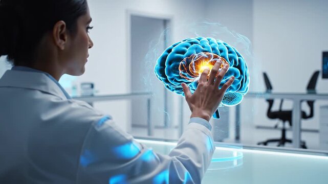 Female Neuroscientist Examining Holographic Human Brain Visualization for Advanced Medical Research and Artificial Intelligence Healthcare