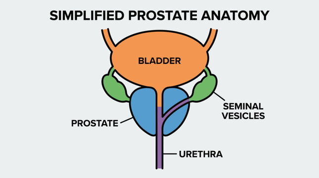 A simplified illustration of the human prostate anatomy with bladder, seminal vesicles, and urethra