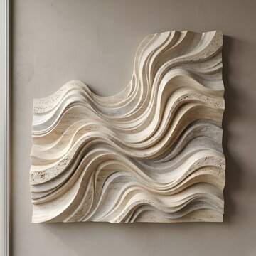 Abstract travertine stone wall art with wavy relief texture