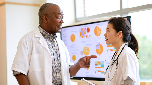 Senior and junior healthcare professionals discussing medical data and analytics dashboard in hospital setting demonstrating collaboration mentorship clinical decision making and healthcare management