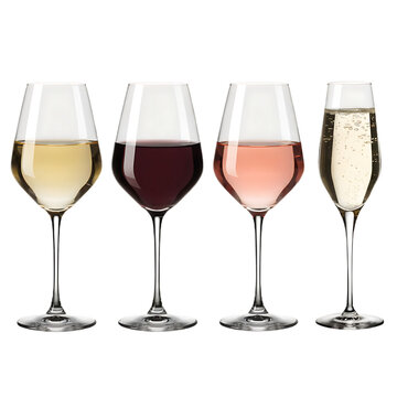 Four wine glasses with red, white, rose, and sparkling wine isolated on transparent background