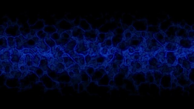 Mati&egrave;re bleue dense et filiforme en mouvement continus irr&eacute;guliers, avec d&eacute;placement lat&eacute;ral et fond noir