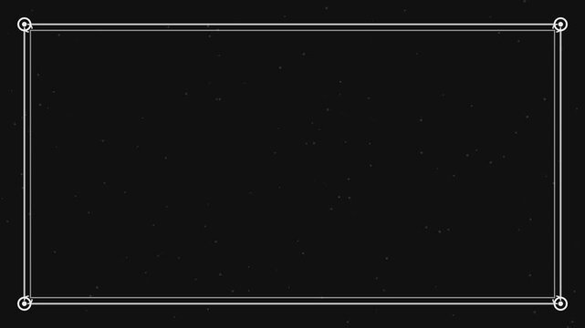 Vintage film frame with white line border and moving dust scratches on black background for cinema intertitle