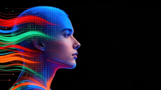 Human head with colorful digital data flow