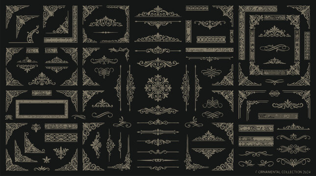 Collection of Vintage Ornamental Flourishes and Corner Accents on Dark Background decorative scroll
