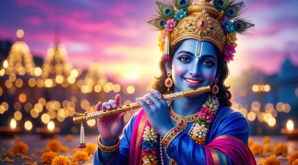Obraz premium Festive Lord Krishna – Divine Flute Spiritual Background
