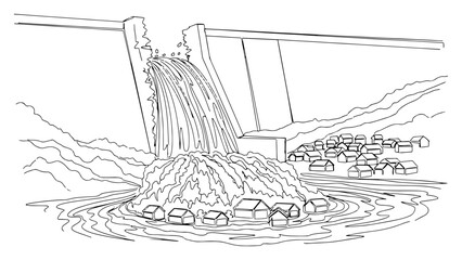 Fototapeta premium Dam Bursting and Flooding Small Village One Line Drawing, Infrastructure Failure and Natural Disaster Vector Illustration