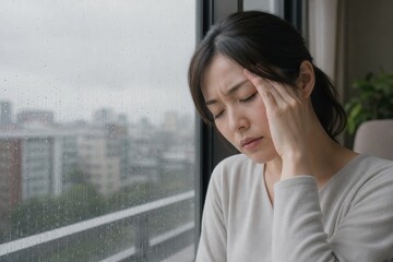 Fototapeta premium 雨の窓辺でこめかみを押さえる気圧頭痛の女性