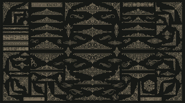 Elaborate Vintage Decorative Elements and Borders on Black Canvas ornament flourish