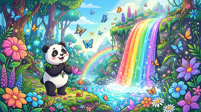 Whimsical Panda Paradise: A cheerful panda stands in an enchanted forest, surrounded by vibrant flowers, fluttering butterflies, and a magical rainbow waterfall.