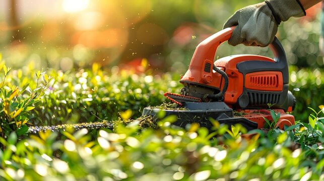 Gardener using electric trimmer to shape vibrant green hedge in sunny outdoor garden setting