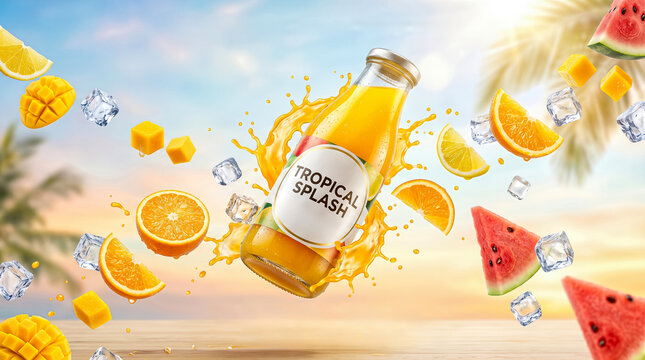 Tropical fruit juice bottle surrounded by splashes, ice cubes, and various fruits including watermelon, mango, and orange against a beach background with palm trees