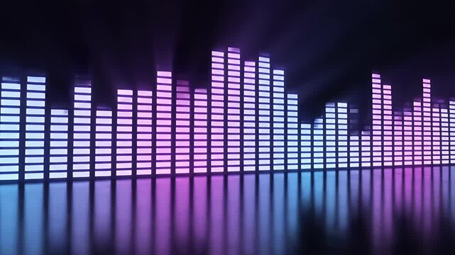 A digital equalizer displays a spectrum of lights in purple and blue.