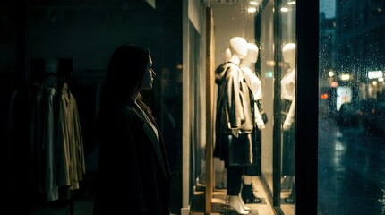 Naklejka premium Fashion Store Window Display at Night with Mannequin and Clothing Urban City Shopping