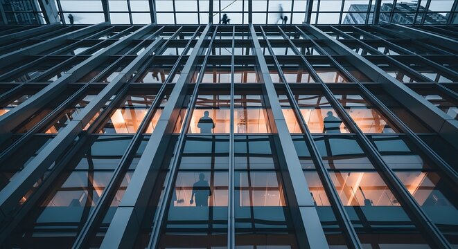 Modern corporate glass building exterior at dusk with silhouettes of office workers