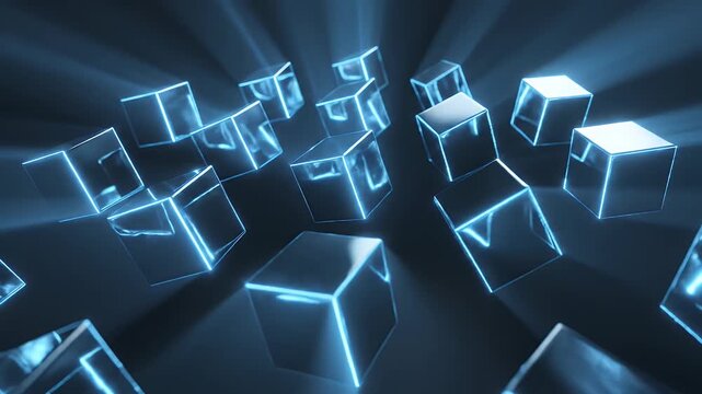 Abstract digital rendering of glowing blue cubes floating in a dark space.
