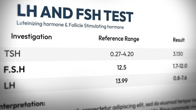 Hormone test results table for tsh fsh lh levels with reference ranges for medical analysis and diagnosis, backdrop
