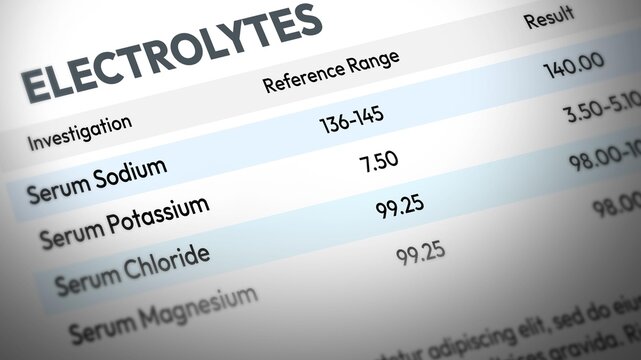 Medical laboratory results for electrolyte levels sodium, potassium, chloride, and magnesium health diagnosis report