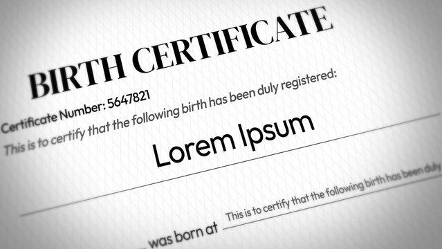 Blurred birth certificate document with placeholder text and certificate number for identity verification concept