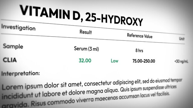 Low serum vitamin D test results analysis and reference values for health and nutrition awareness background design