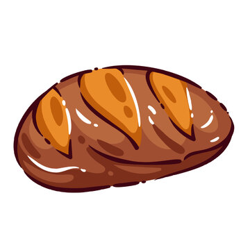 Bread Loaf with rustic crust, scoring cuts, brown bakery texture and glossy highlights. Traditional bread loaf, hand drawn naive vector illustration.