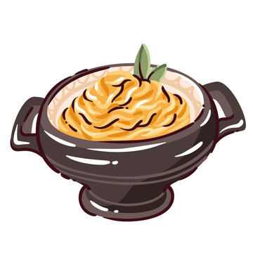 German Spaetzle Dish in dark pot with egg noodles, cream texture, green herb leaves and side handles. Traditional German spaetzle dish, hand drawn naive vector illustration.